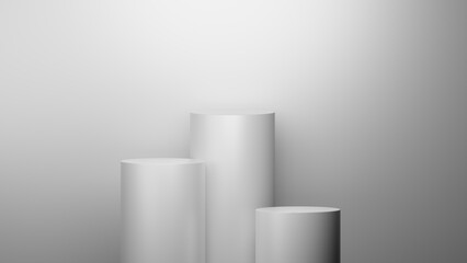 Group of cylinder pedestal podium on white background, Product display podium in room, Stand to show products background.