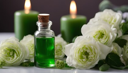 Fototapeta na wymiar A bottle of green liquid with a green candle and white flowers