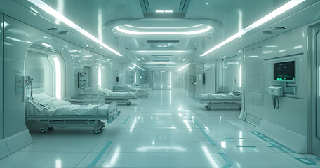 hospital floor with blue lights,  computer and patient beds