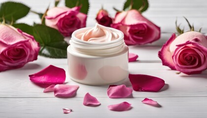 A jar of lotion with rose petals around it