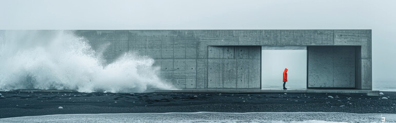 Conceptual image of a man standing near a modern building at the beach in front of a huge stormy wave