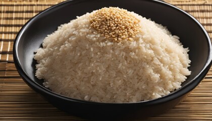 A bowl of white rice with a small brown ball on top