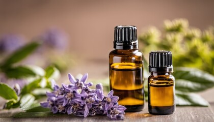 Obraz na płótnie Canvas Two bottles of lavender oil on a table