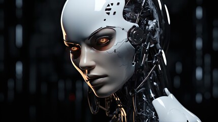 Face portrait of a female robot, Artificial intelligence and future technology concept. AI generated illustration.