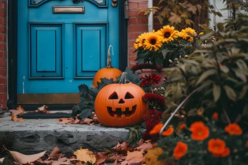 Foto op Plexiglas halloween decor outside of the house next to the door © Yi_Studio