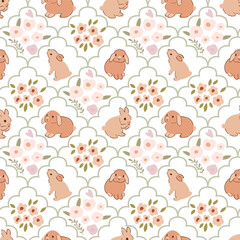 Damask hand drawn wallpaper. Easter pastel rabbit bunny and tiny flowers pattern. Vector floral spring design