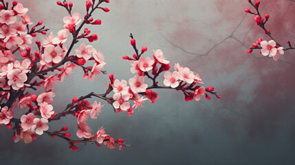 Cherry blossom branches against a blue, textured background