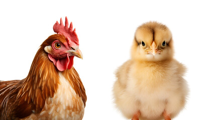 Set of chicken and chick, half body, close up photo, from chick to adult rooster, Isolated on Transparent Background, PNG