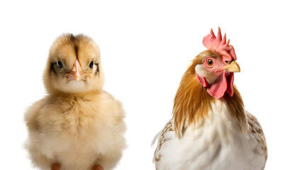 Close up photo of a set of chicken and chick, from chick to adult rooster, half body, Isolated on Transparent Background, PNG