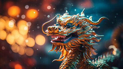Fototapeta na wymiar golden dragon with intricate designs against a blurred festive background, symbolizing prosperity