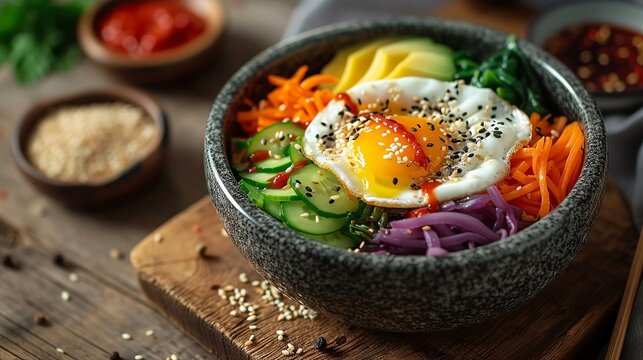 Colorful bibimbap bowl with vibrant julienned vegetables and a perfect sunny-side-up egg.