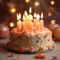 A little birthday cake decorated with burning candles and flowers. Cute holiday dessert at a teenager party. AI-generated