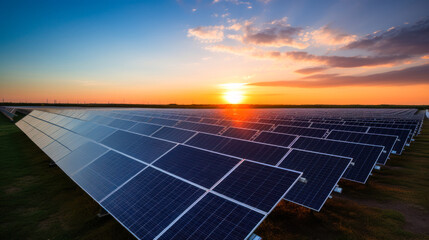 A solar farm captures the waning light of sunset, symbolizing sustainable energy practices.