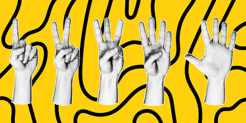 Set of 5 vector elements in retro halftone style on a yellow background. Various hand gesture icons with number of fingers, counting by bending fingers. Pop art paper cut elements. - obrazy, fototapety, plakaty