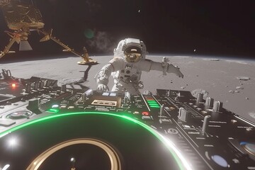 Astronaut dj hosting a party with a console on mars, featuring colorful lights and futuristic vibes