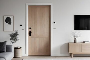 Minimalist Scandinavian interior design for a modern living room. Wooden door close-up.