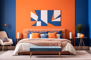 Interior design of a modern bedroom in art deco style. Bed and bench against orange and blue wall with copy space.