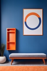 Interior design of a modern bedroom in art deco style. Bed and bench against orange and blue wall with copy space.