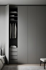 Gray wardrobe in the interior design of a modern bedroom in a minimalist style.