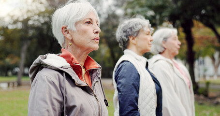 Breathing, park and elderly women with peace, yoga and fitness for wellness, calm and pilates...