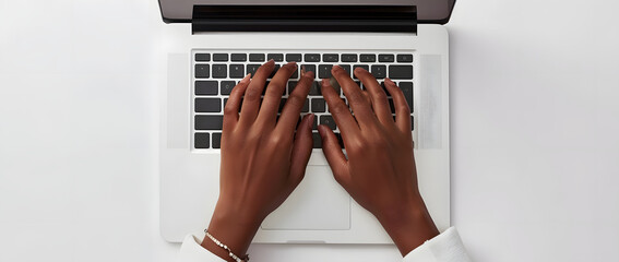 woman's hand typing on laptop in front of white screen