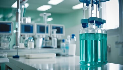 A table full of medical equipment and bottles