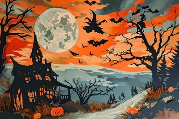 A vintage Halloween postcard scene with pumpkins, witches, and a spooky moon