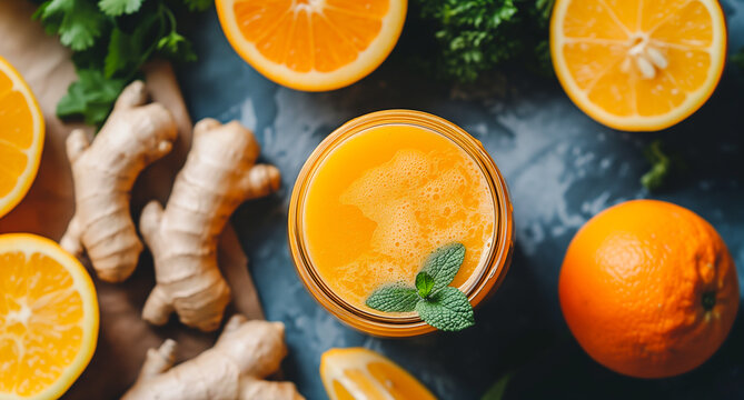 A glass of fresh orange juice with a mint leaf garnish, surrounded by sliced oranges, ginger roots, and parsley on a dark textured surface. 