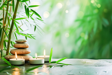 A tranquil spa setting with lit candles, balanced stones, and bamboo leaves reflecting on water surface for a serene atmosphere. Health and wellness background. 