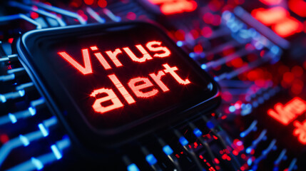 A digital interface displaying a virus alert in red text. The interface is detailed with intricate circuit designs and technology components, glowing in blue light. Cybersecurity concept.