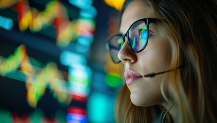 Woman banker manager, trader, Dow Jones stock market analysis on wall street Finance Trade Manager Delving into Stock Market Indicators for Optimal Investment Strategy - Navigating Financial Data