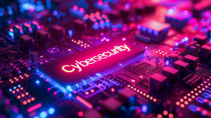 Obraz premium A complex circuit board with the word “Cybersecurity” illuminated in bright red, showcasing intricate pathways and components, glowing in vibrant blue and red hues, symbolizing digital safety. 