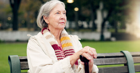 Relax, thinking and a senior woman at the park for summer, ideas or retirement vision. Smile,...
