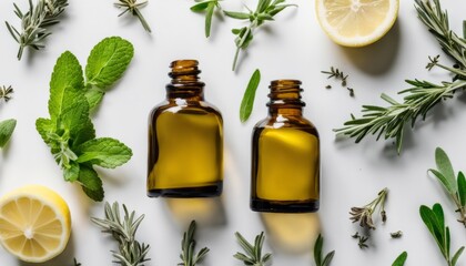 Two bottles of essential oils with lemon and mint leaves - obrazy, fototapety, plakaty