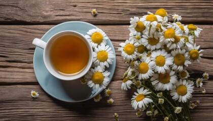 A cup of tea and a bunch of flowers on a wooden table