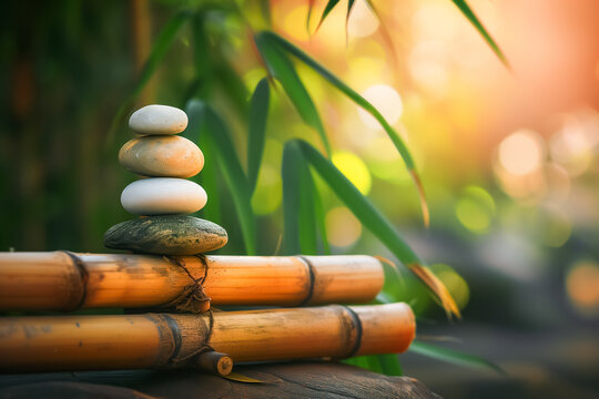 A serene and tranquil image of Zen stones stacked on bamboo. The stones are surrounded by lush green leaves, adding an element of nature and tranquility to the scene. Meditation and relaxation.