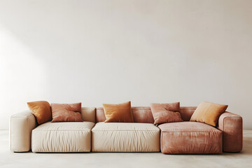  a three sectional couch in neutral colors sitting against a white wall - obrazy, fototapety, plakaty