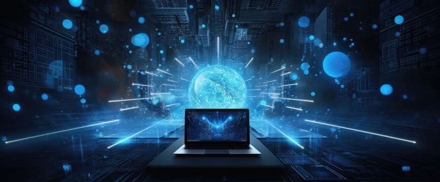 Futuristic artificial intelligence wallpaper. Mysterious technological innovation background. AI generated illustration.