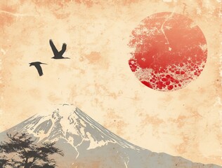 Fototapeta na wymiar Mount Fuji autumn wave Japanese pattern background. AI generated illustration