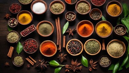 Obraz na płótnie Canvas A variety of spices and herbs in bowls