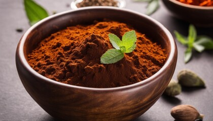 A wooden bowl filled with spices and a leaf