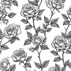 Abstract seamless pattern with roses. Beautiful blossoming hand drawn flower on white background. Line art wallpaper. Vector stock illustration.