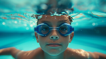 Child, swimmer in the pool. 