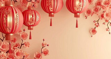 Happy Chinese New Year Background template. Luxury emerald color background with chinese ornament. Red Asian latterns lamp with clouds and frame for your design. AI generated illustration - obrazy, fototapety, plakaty