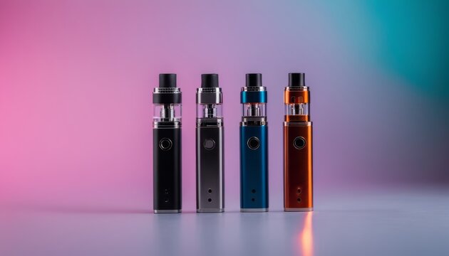 Five vaping devices lined up on a white table