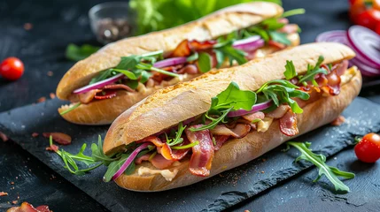 Selbstklebende Fototapeten Two fresh submarine sandwiches with ham, cheese, bacon, tomatoes, lettuce, cucumbers and onions on dark wooden background © ksu_ok
