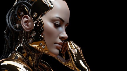 Face portrait of a female robot in a thoughtful pose. Artificial intelligence and future technology concept. AI generated illustration.
