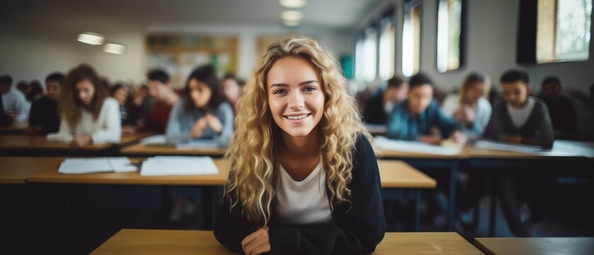 young woman in a university high school with blurred group of students studying in the classroom, education and learning concept, Generative AI