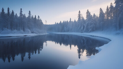 Scandinavian winter landscape in the morinng or evening (pine trees covered with snow, river or lake)