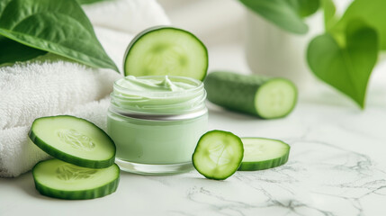 Cosmetic cream and cucumber on white background
